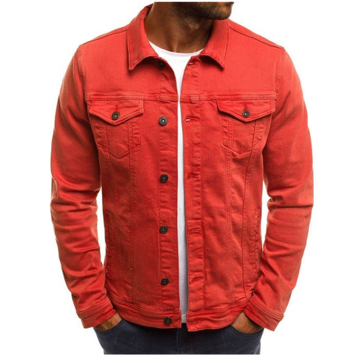 "Men's casual denim jacket with multi-pocket design, stylish fit, blue wash, showcasing front view and rugged texture."