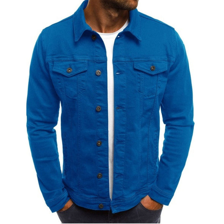 "Men's casual denim jacket with multi-pocket design, stylish fit, blue wash, showcasing front view and rugged texture."