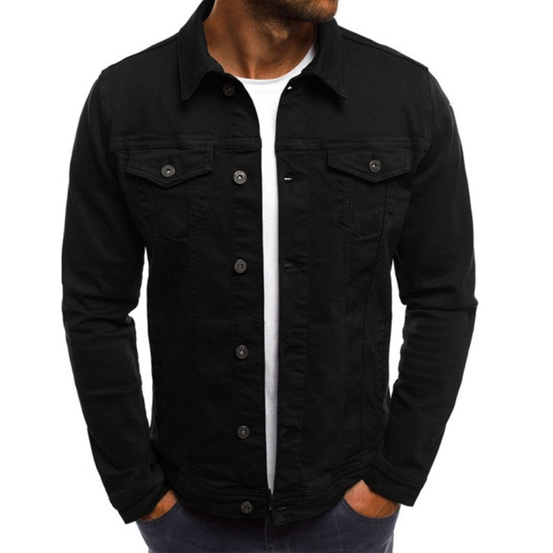 "Men's casual denim jacket with multi-pocket design, stylish fit, blue wash, showcasing front view and rugged texture."