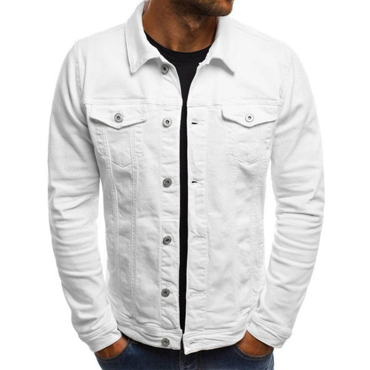 "Men's casual denim jacket with multi-pocket design, stylish fit, blue wash, showcasing front view and rugged texture."