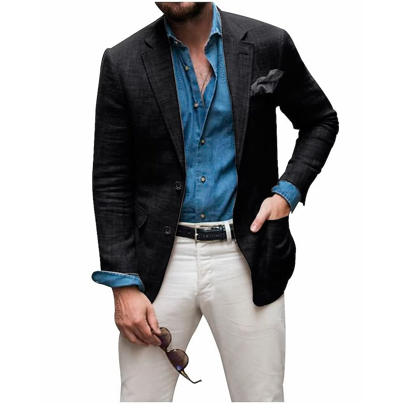 "Men's casual lightweight linen blazer, all-season wear. Versatile style, relaxed elegance, high-quality linen."