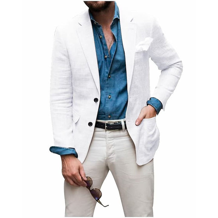 "Men's casual lightweight linen blazer, all-season wear. Versatile style, relaxed elegance, high-quality linen."