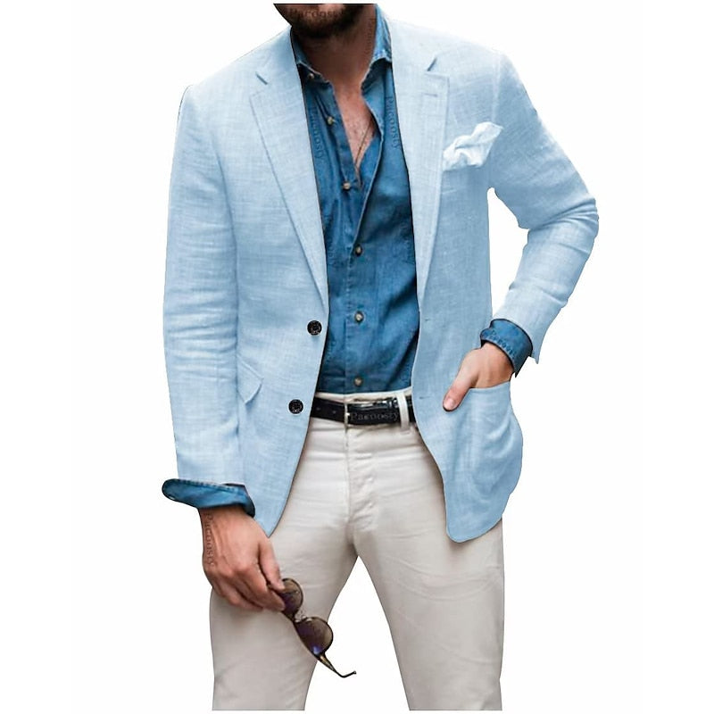 "Men's casual lightweight linen blazer, all-season wear. Versatile style, relaxed elegance, high-quality linen."