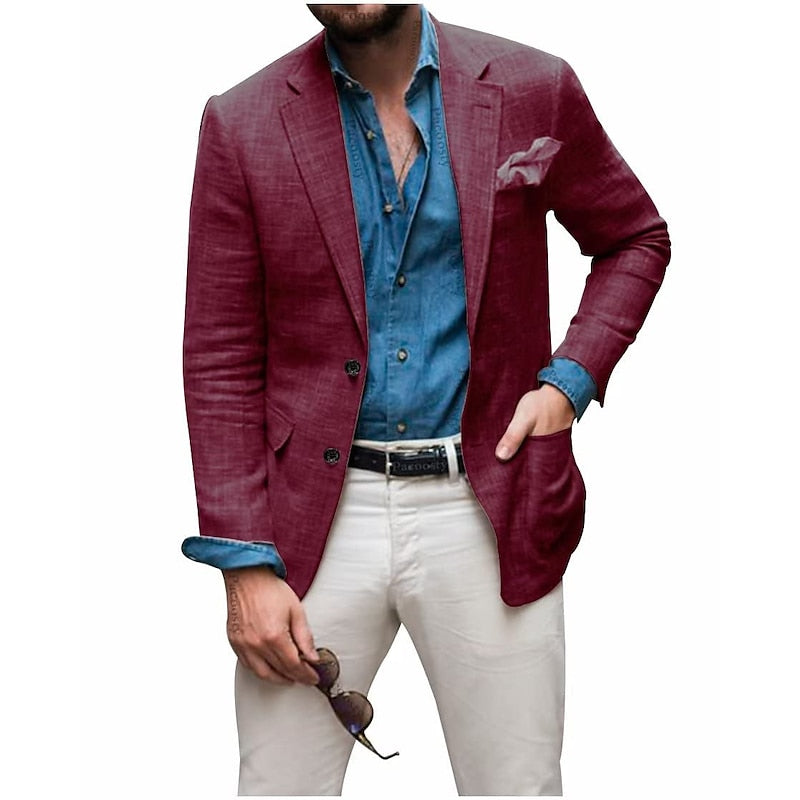 "Men's casual lightweight linen blazer, all-season wear. Versatile style, relaxed elegance, high-quality linen."
