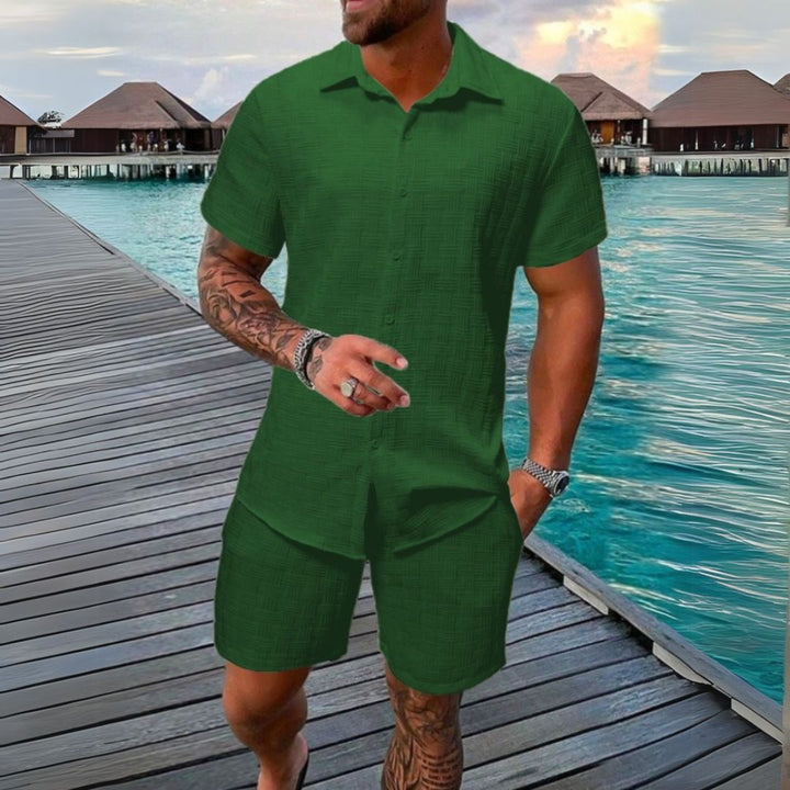 "Men's casual linen set with short sleeve shirt and shorts in beige, relaxed fit, breathable for summer comfort."