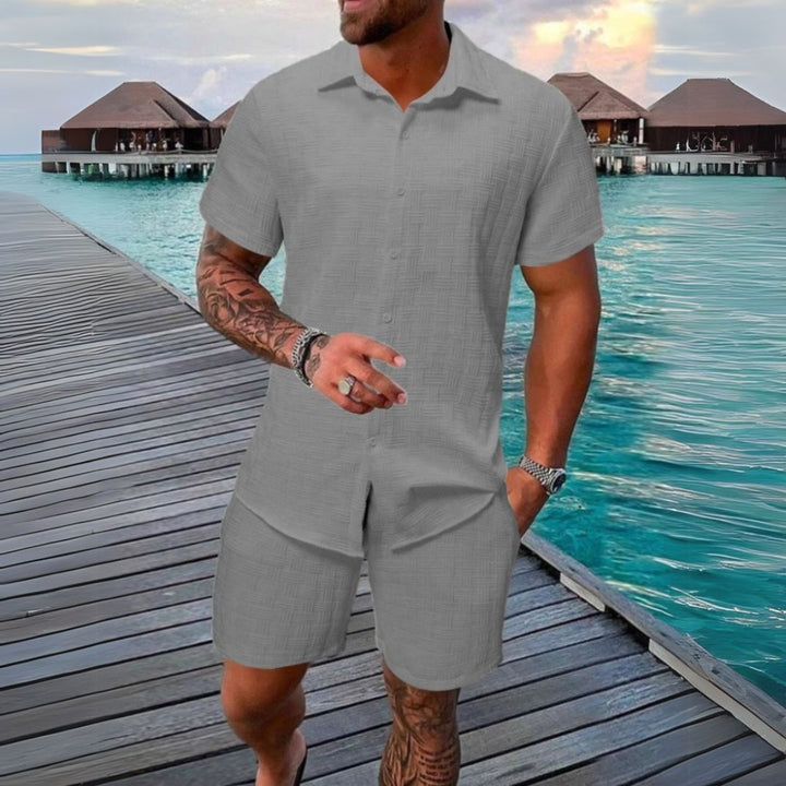 "Men's casual linen set with short sleeve shirt and shorts in beige, relaxed fit, breathable for summer comfort."