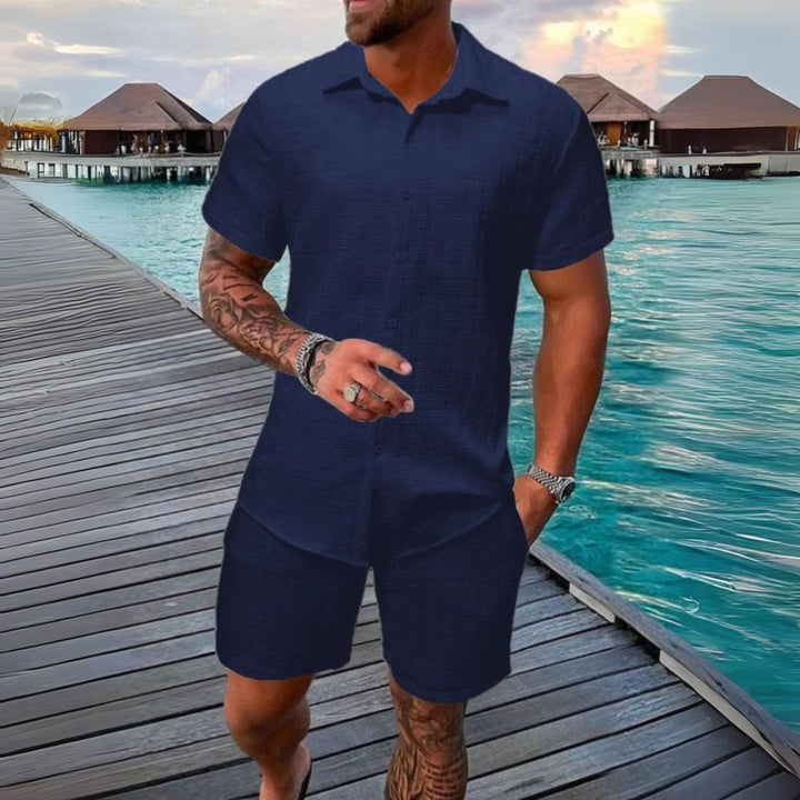 "Men's casual linen set with short sleeve shirt and shorts in beige, relaxed fit, breathable for summer comfort."