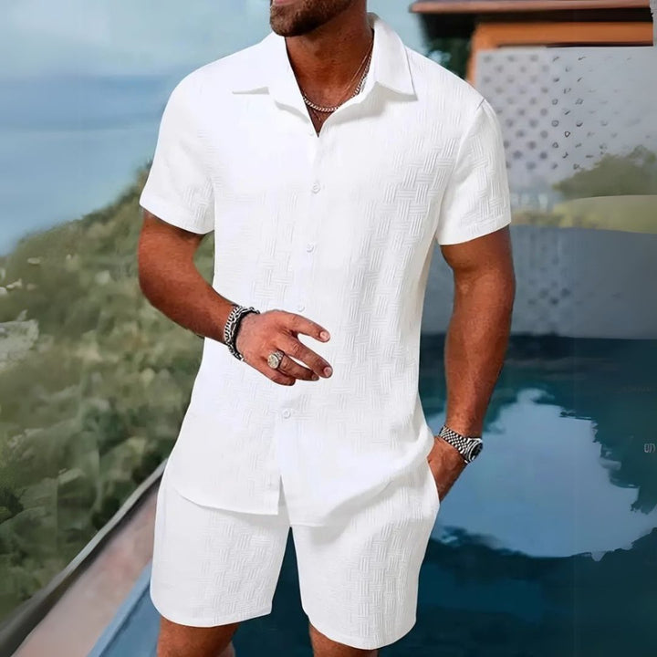 "Men's casual linen set with short sleeve shirt and shorts in beige, relaxed fit, breathable for summer comfort."