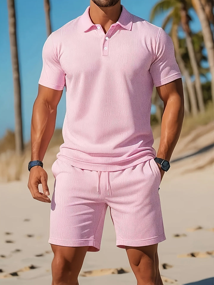 Men's casual polo shirt and shorts set in various colors, featuring a ribbed collar and drawstring shorts for style and comfo