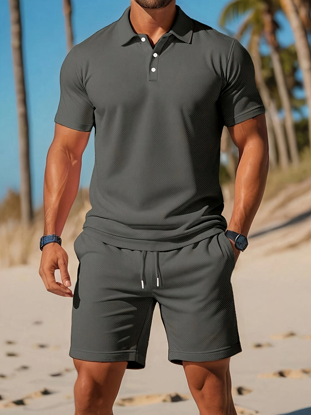 Men's casual polo shirt and shorts set in various colors, featuring a ribbed collar and drawstring shorts for style and comfo