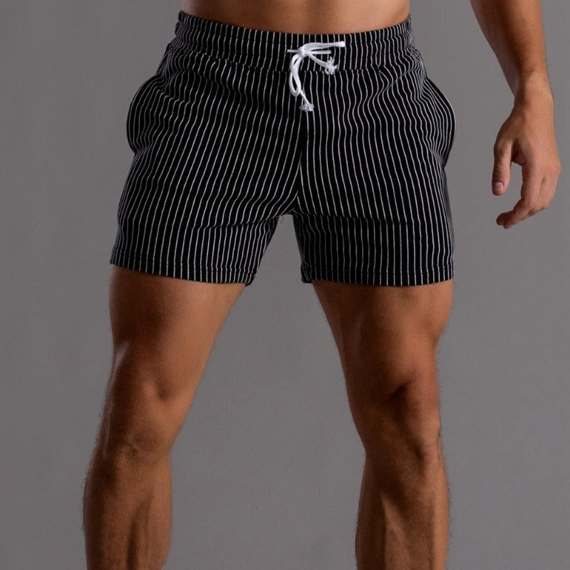 Men's casual striped shorts, featuring chic stripes, elastic waistband, breathable fabric, ideal for relaxed outings.