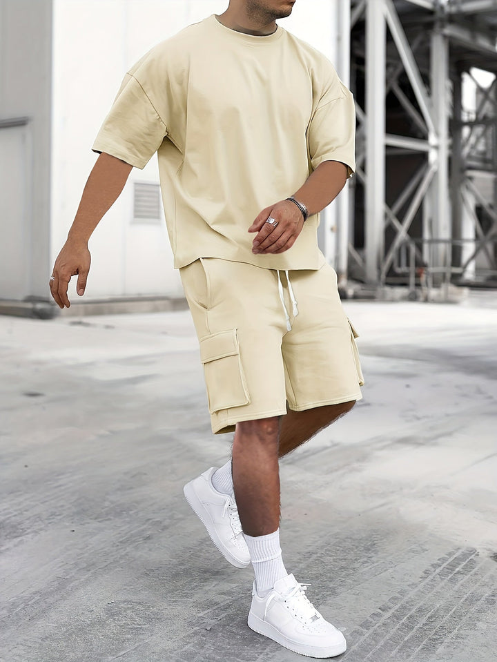 "Men's casual T-shirt & cargo shorts set, crew-neck tee, drawstring shorts, relaxed fit, functional pockets, monochrome style
