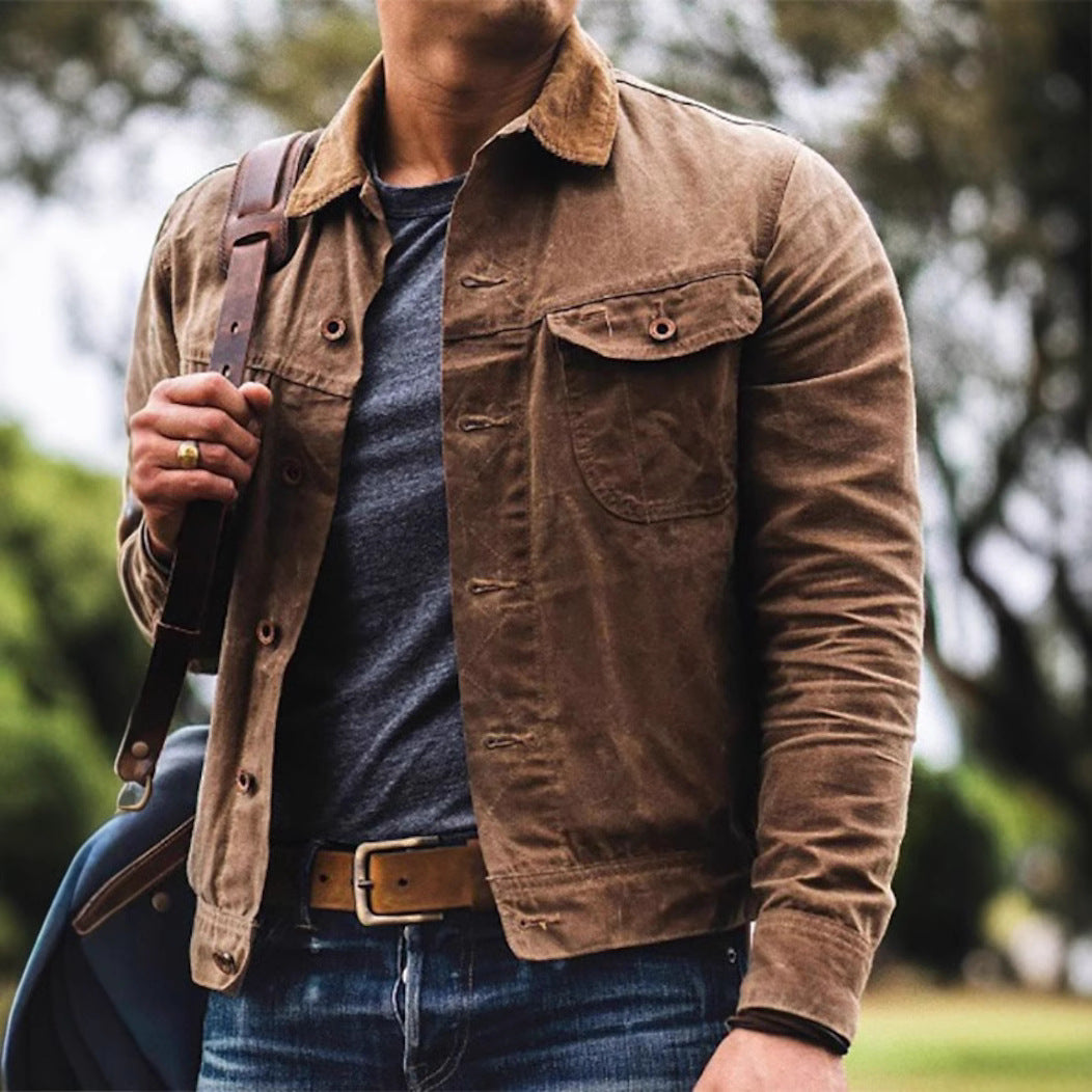 Men's casual tailored cotton-blend jacket with shirt collar, button-front, in neutral color for versatile, stylish wear.