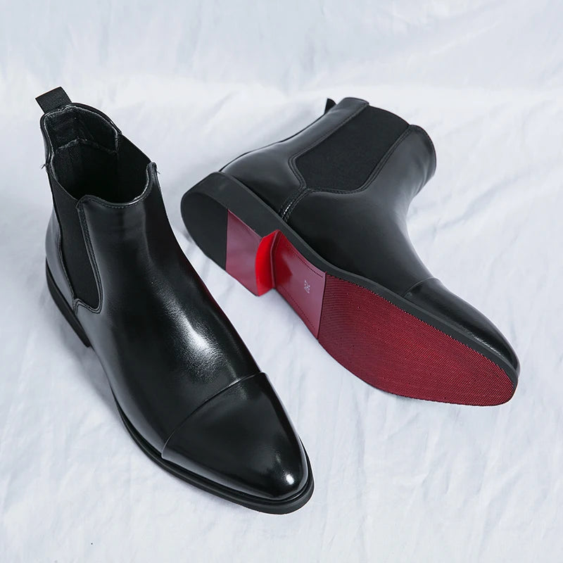 "Men's Chelsea leather boots, slip-on cap toe, ankle style, rich leather finish, versatile smart-casual footwear."