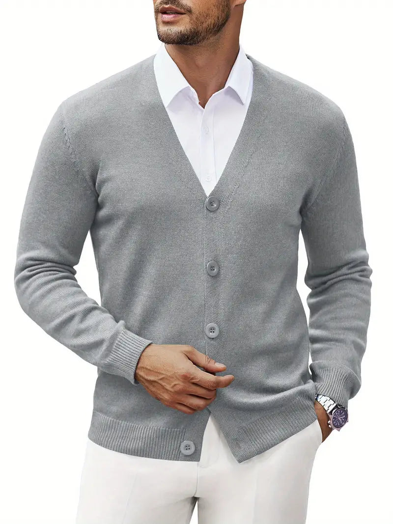 "Men's classic cardigan sweater in light grey, showcasing a soft fabric and timeless design, ideal for casual and semi-formal