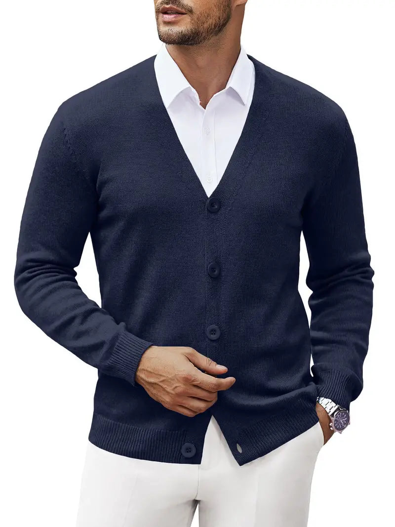 "Men's classic cardigan sweater in light grey, showcasing a soft fabric and timeless design, ideal for casual and semi-formal
