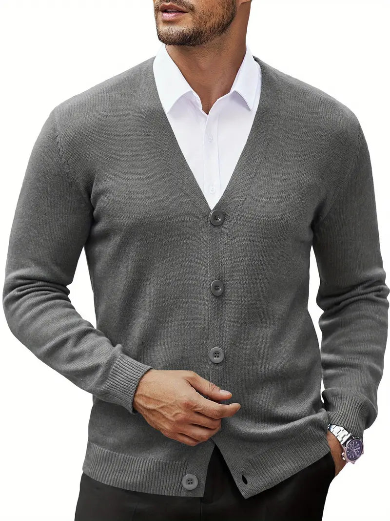 "Men's classic cardigan sweater in light grey, showcasing a soft fabric and timeless design, ideal for casual and semi-formal
