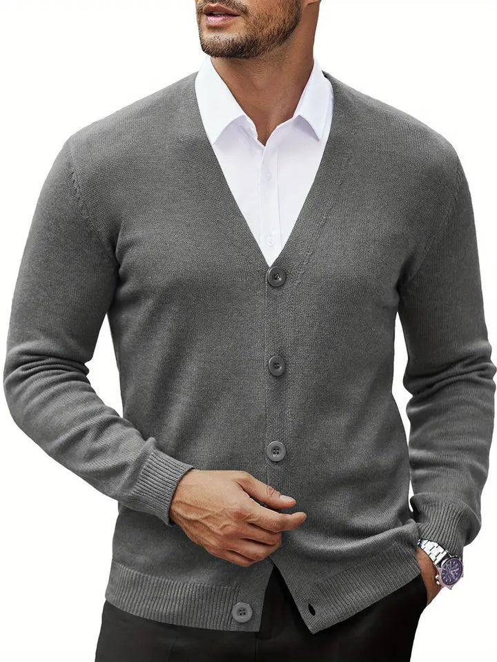 "Men's classic cardigan sweater in light grey, showcasing a soft fabric and timeless design, ideal for casual and semi-formal