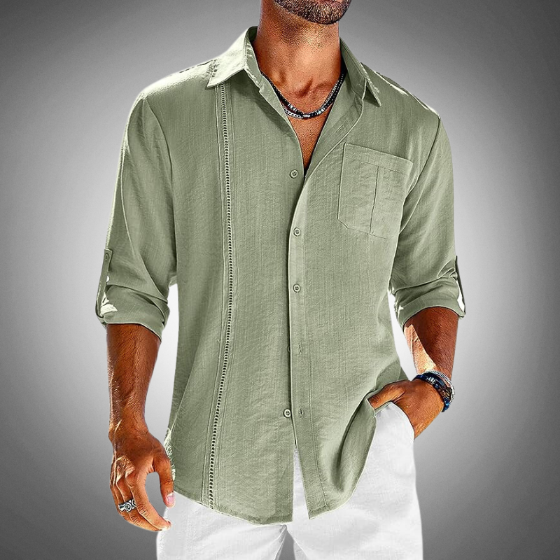 Men's classic cotton button-up shirt, front view. White shirt with a classic collar and chest pocket for versatile style.