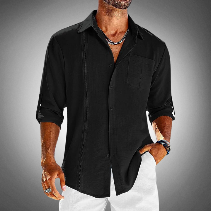 Men's classic cotton button-up shirt, front view. White shirt with a classic collar and chest pocket for versatile style.