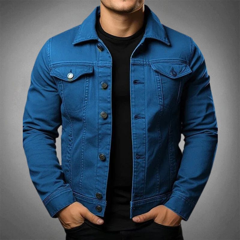 "Men's classic cotton denim jacket, stylish versatile design, durable, button-up, chest and side pockets, timeless appeal."