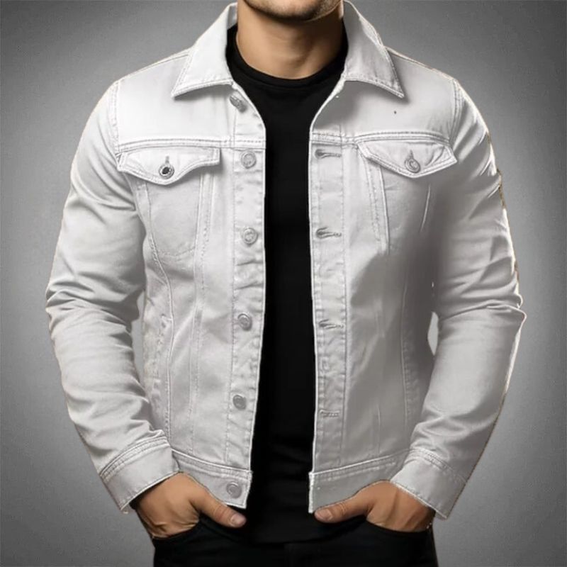 "Men's classic cotton denim jacket, stylish versatile design, durable, button-up, chest and side pockets, timeless appeal."