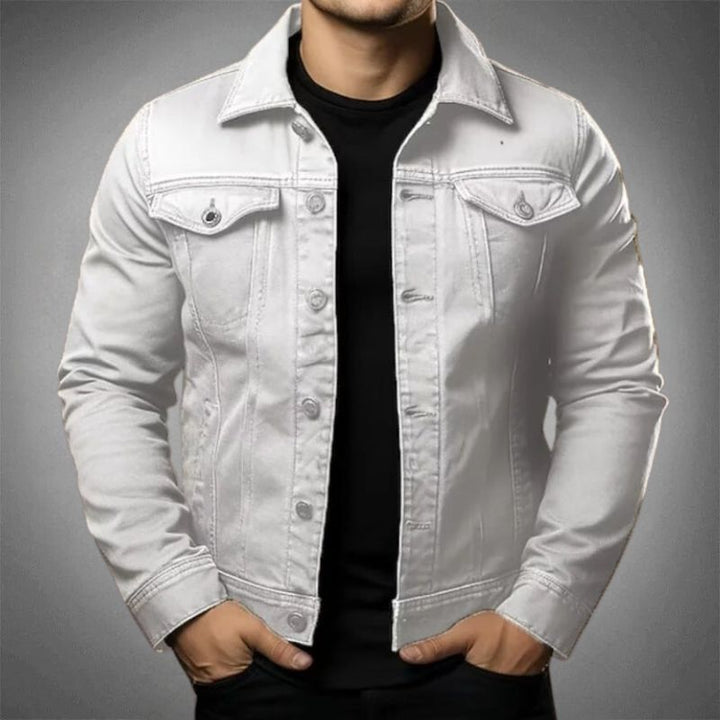 "Men's classic cotton denim jacket, stylish versatile design, durable, button-up, chest and side pockets, timeless appeal."
