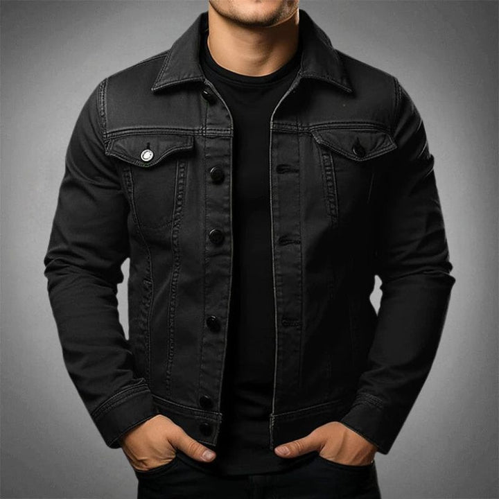 "Men's classic cotton denim jacket, stylish versatile design, durable, button-up, chest and side pockets, timeless appeal."