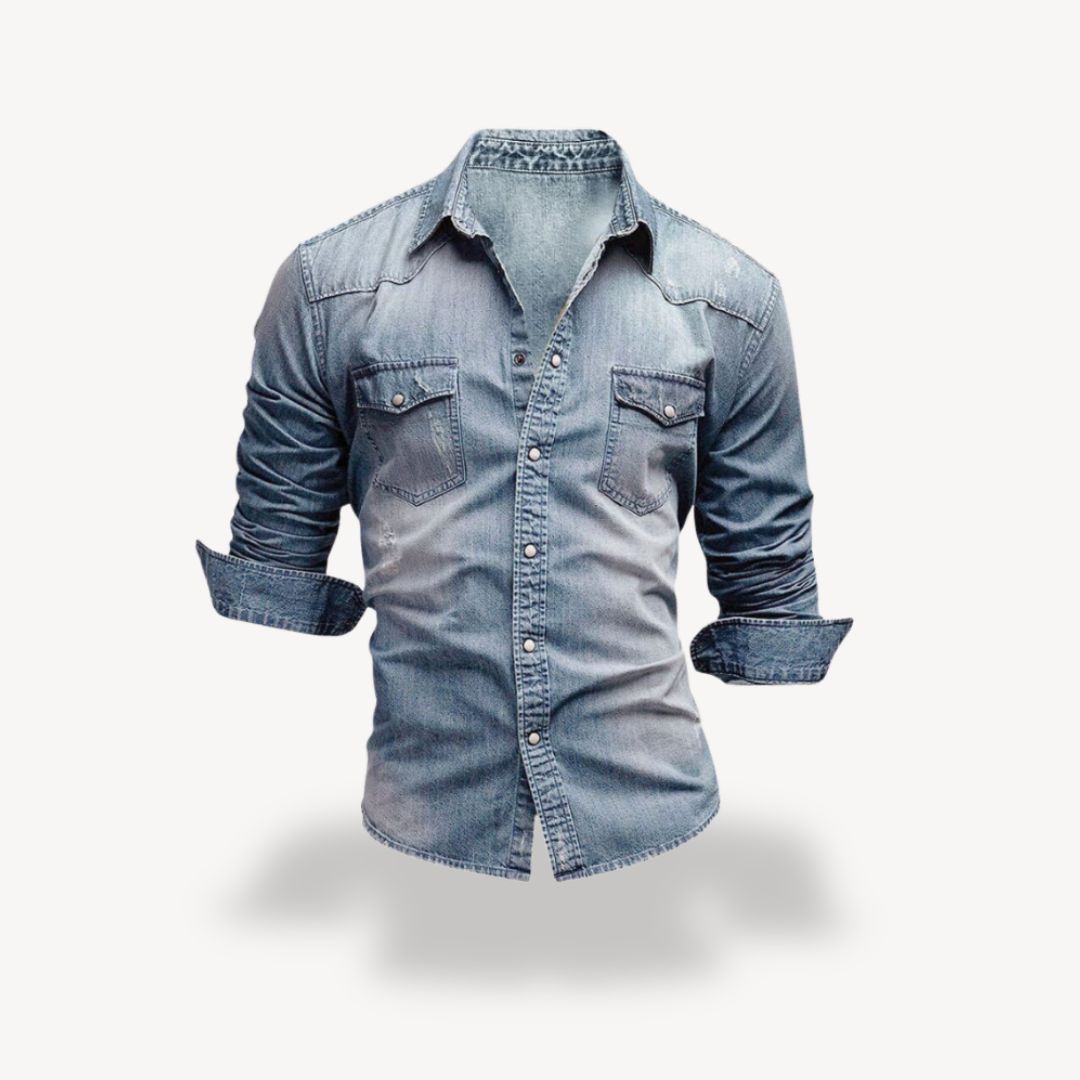 Men's classic denim Western shirt with snap buttons, classic blue. Featuring pointed yokes and flap chest pockets.