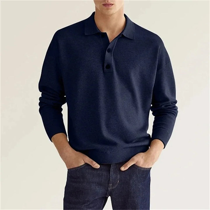Men's classic long-sleeve polo shirt in grey with a polished collar, showcasing modern comfort and trendy fashion.