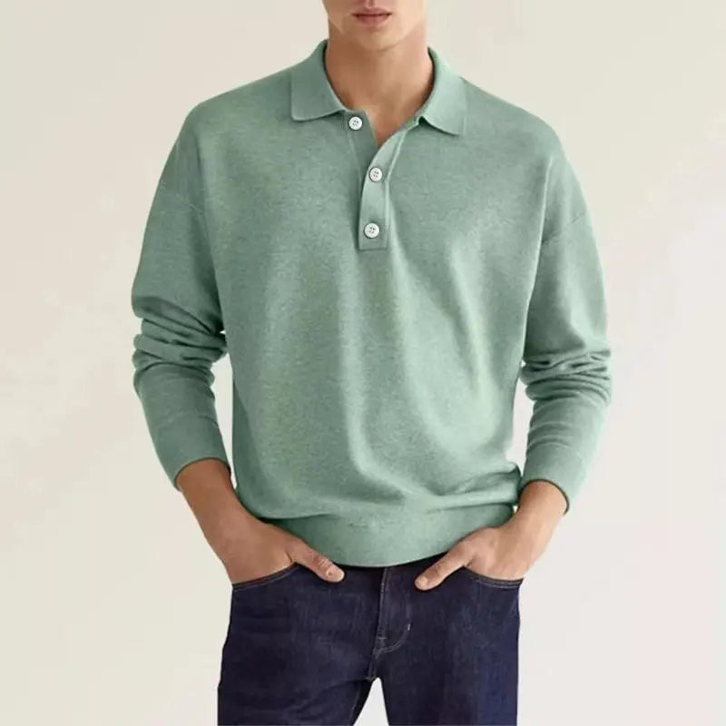 Men's classic long-sleeve polo shirt in grey with a polished collar, showcasing modern comfort and trendy fashion.