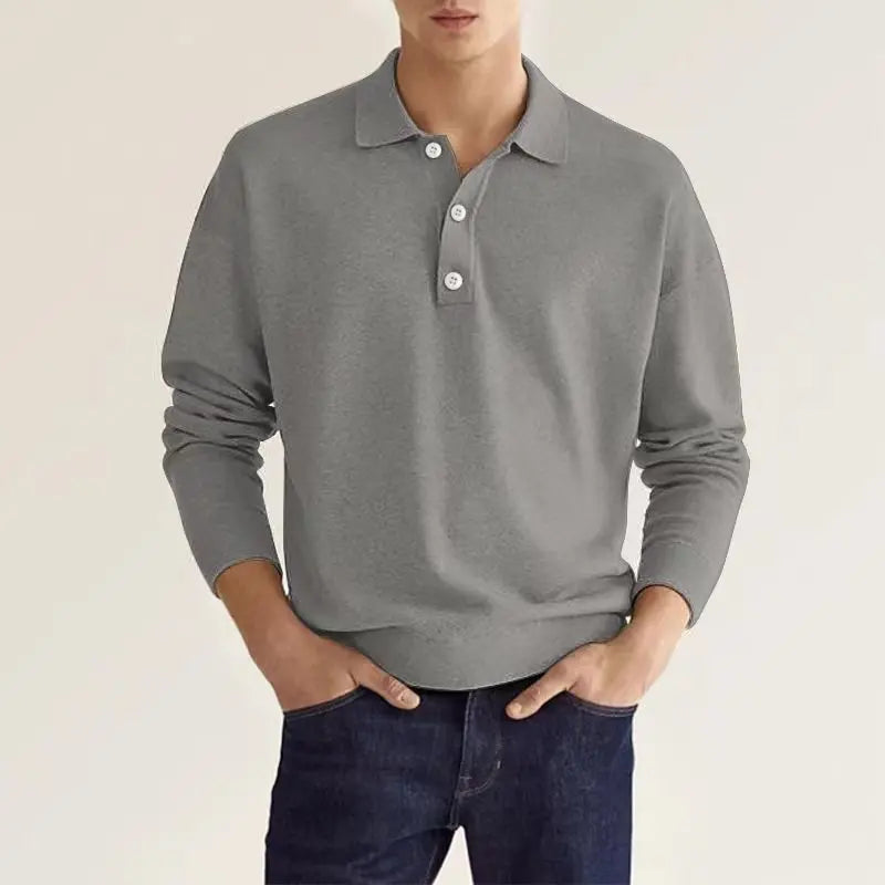 Men's classic long-sleeve polo shirt in grey with a polished collar, showcasing modern comfort and trendy fashion.