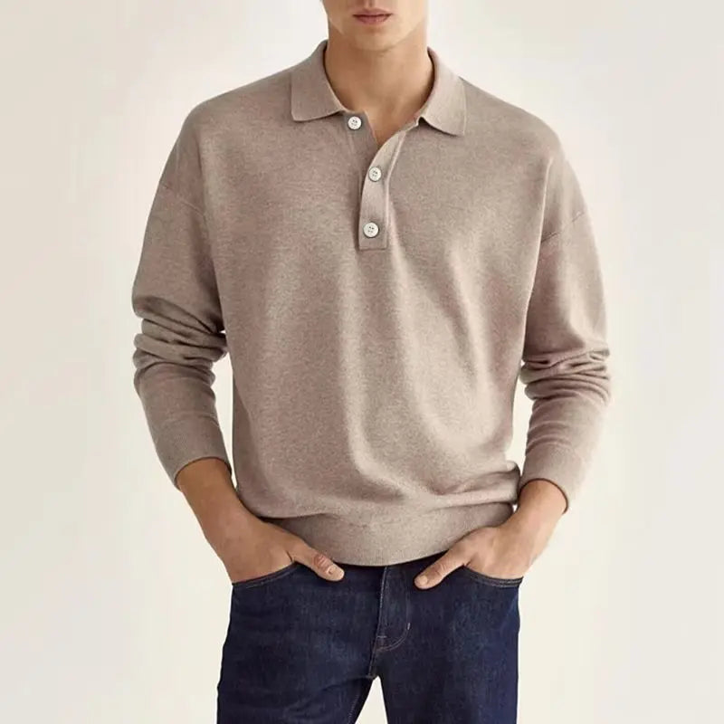 Men's classic long-sleeve polo shirt in grey with a polished collar, showcasing modern comfort and trendy fashion.