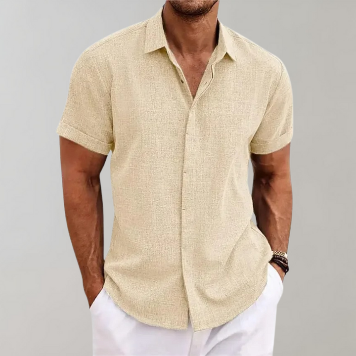 "Men's Classic Polo Shirt in apricot color with button placket and classic collar, ideal for casual and smart occasions."