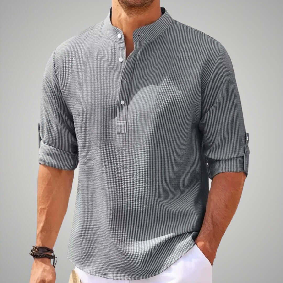 "Men's classic stand collar shirt in organic linen blend, solid color, elegant, airy, refined casual summer style."