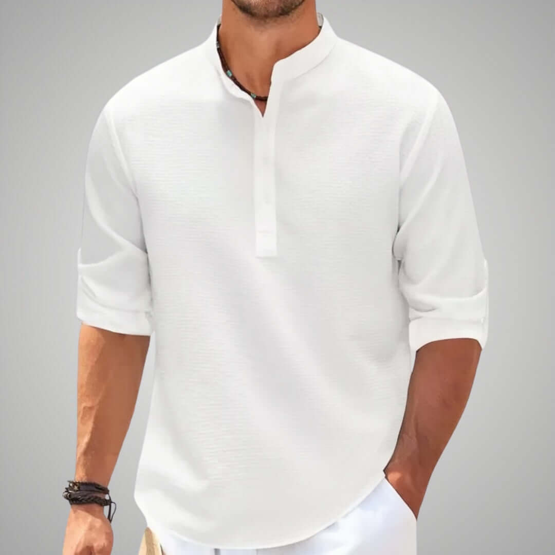 "Men's classic stand collar shirt in organic linen blend, solid color, elegant, airy, refined casual summer style."