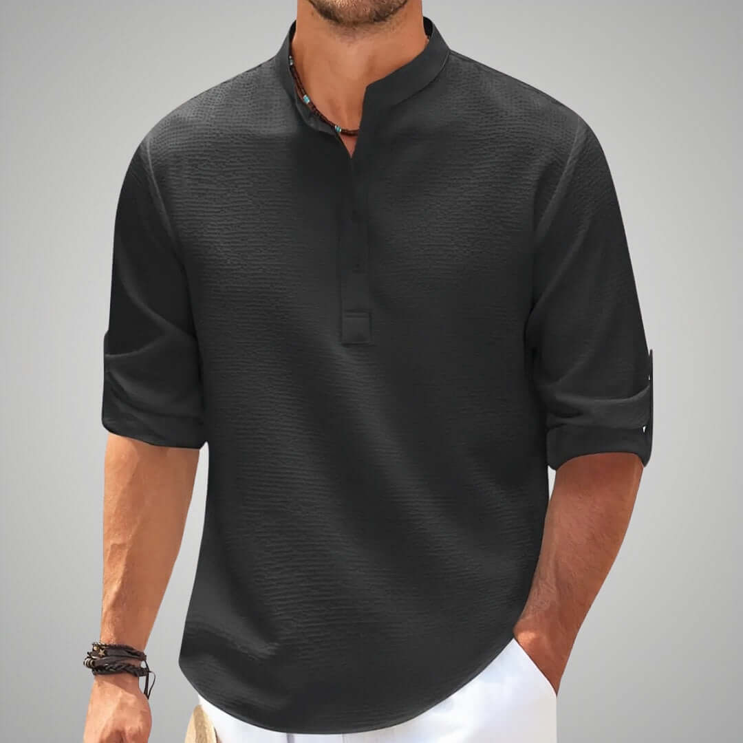 "Men's classic stand collar shirt in organic linen blend, solid color, elegant, airy, refined casual summer style."