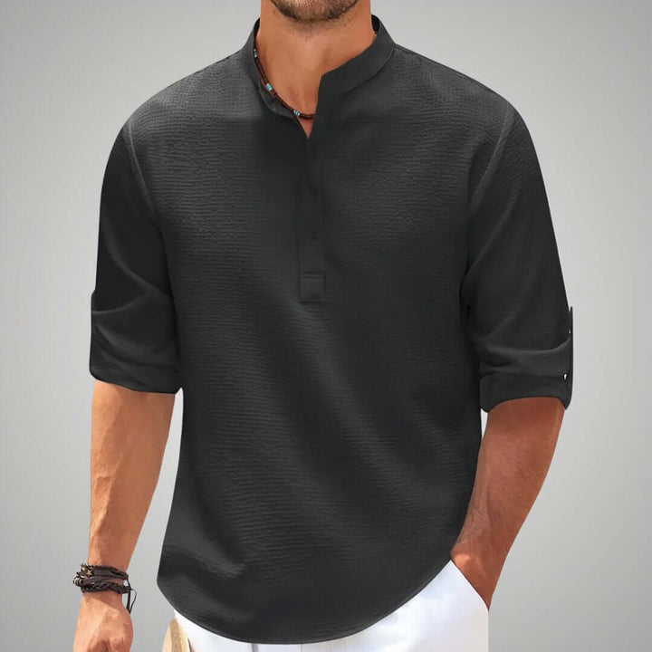 "Men's classic stand collar shirt in organic linen blend, solid color, elegant, airy, refined casual summer style."