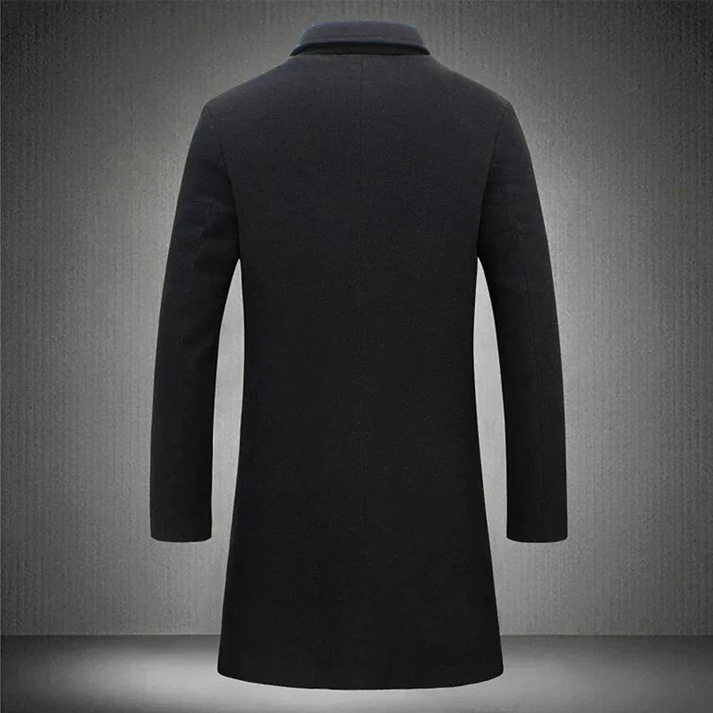 Men's classic tailored overcoat in navy, black, beige; elegant design with clean lines, perfect fit for formal and casual set