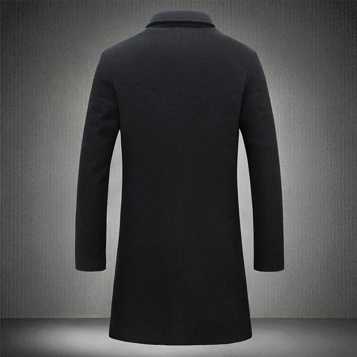 Men's classic tailored overcoat in navy, black, beige; elegant design with clean lines, perfect fit for formal and casual set