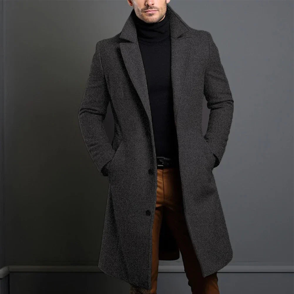 Men's classic tailored overcoat in navy, black, beige; elegant design with clean lines, perfect fit for formal and casual set