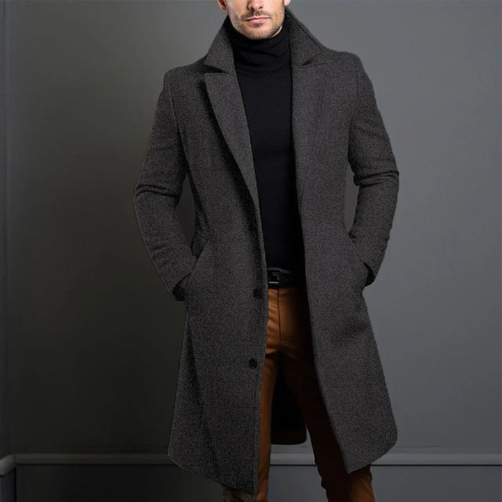 Men's classic tailored overcoat in navy, black, beige; elegant design with clean lines, perfect fit for formal and casual set