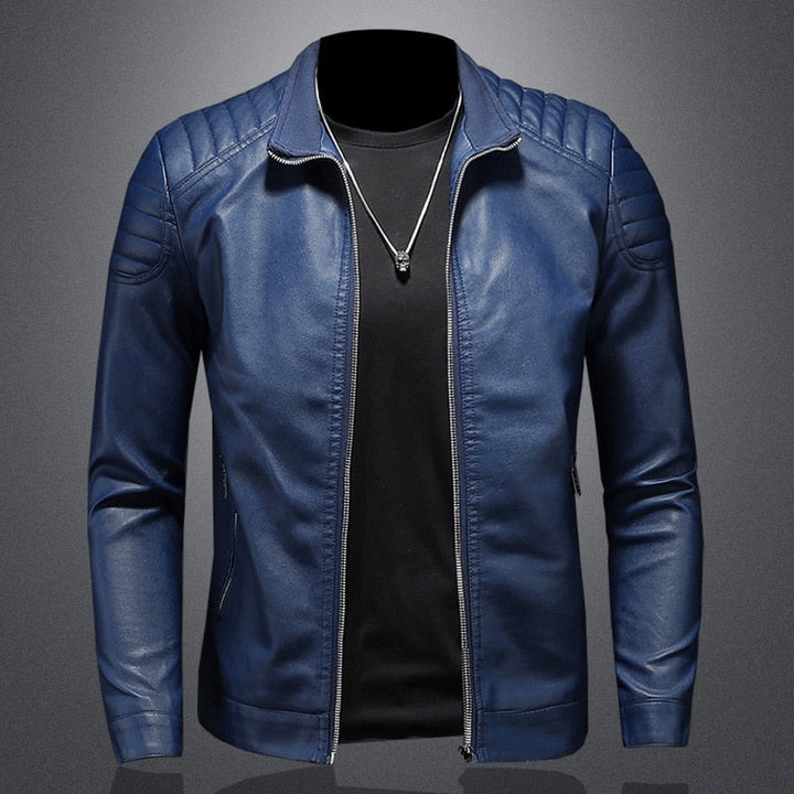 "Men's classic vegan leather jacket, sleek black design, tailored fit, enhances style, versatile for casual or formal wear."