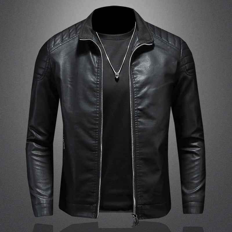 "Men's classic vegan leather jacket, sleek black design, tailored fit, enhances style, versatile for casual or formal wear."