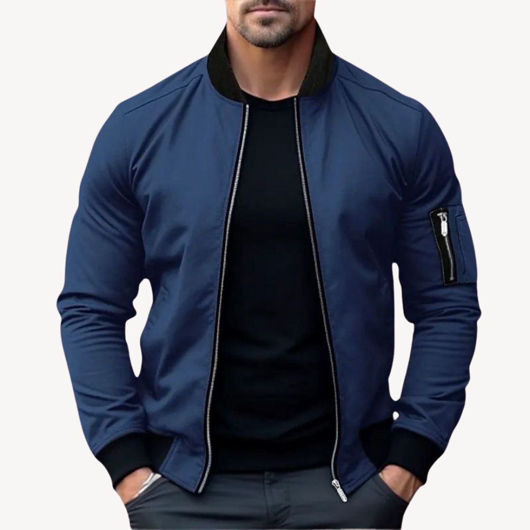 Men's classic zip-up bomber jacket with ribbed details, polyester fabric, versatile for layering, displayed front view.