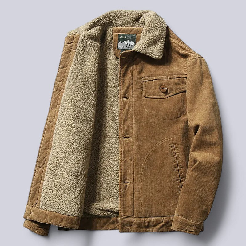 Men's corduroy autumn jacket with a soft cotton interior, fine-ribbed design, deep pockets, and windproof for chilly days.
