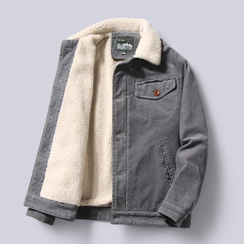 Men's corduroy autumn jacket with a soft cotton interior, fine-ribbed design, deep pockets, and windproof for chilly days.