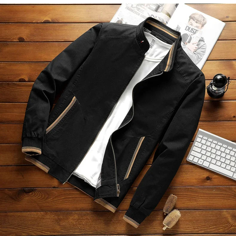 "Men's cotton bomber jacket with stand-up collar, ribbed cuffs, windproof, lightweight, perfect for spring and autumn wear."