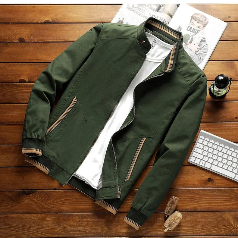 "Men's cotton bomber jacket with stand-up collar, ribbed cuffs, windproof, lightweight, perfect for spring and autumn wear."