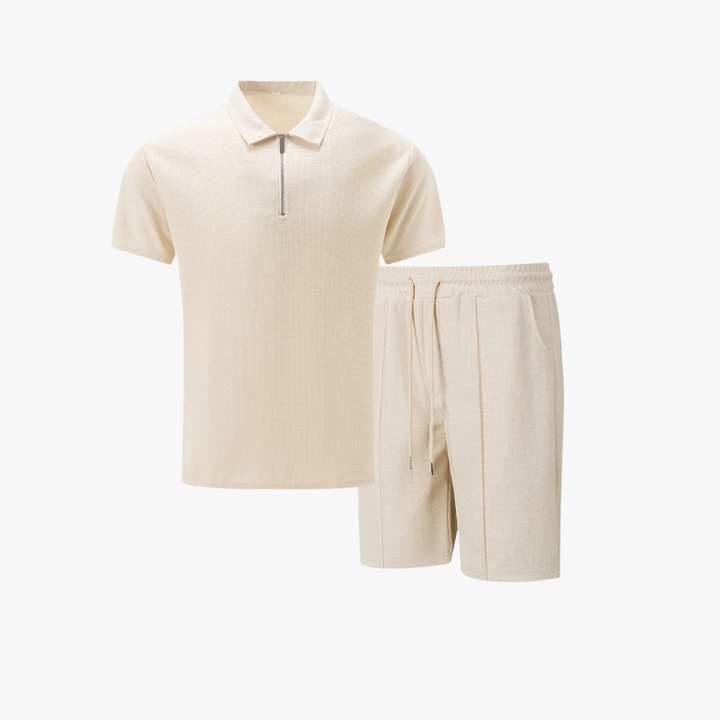 "Men's cotton co-ord set with a short-sleeved zip-neck polo and drawstring shorts, perfect for casual summer style."